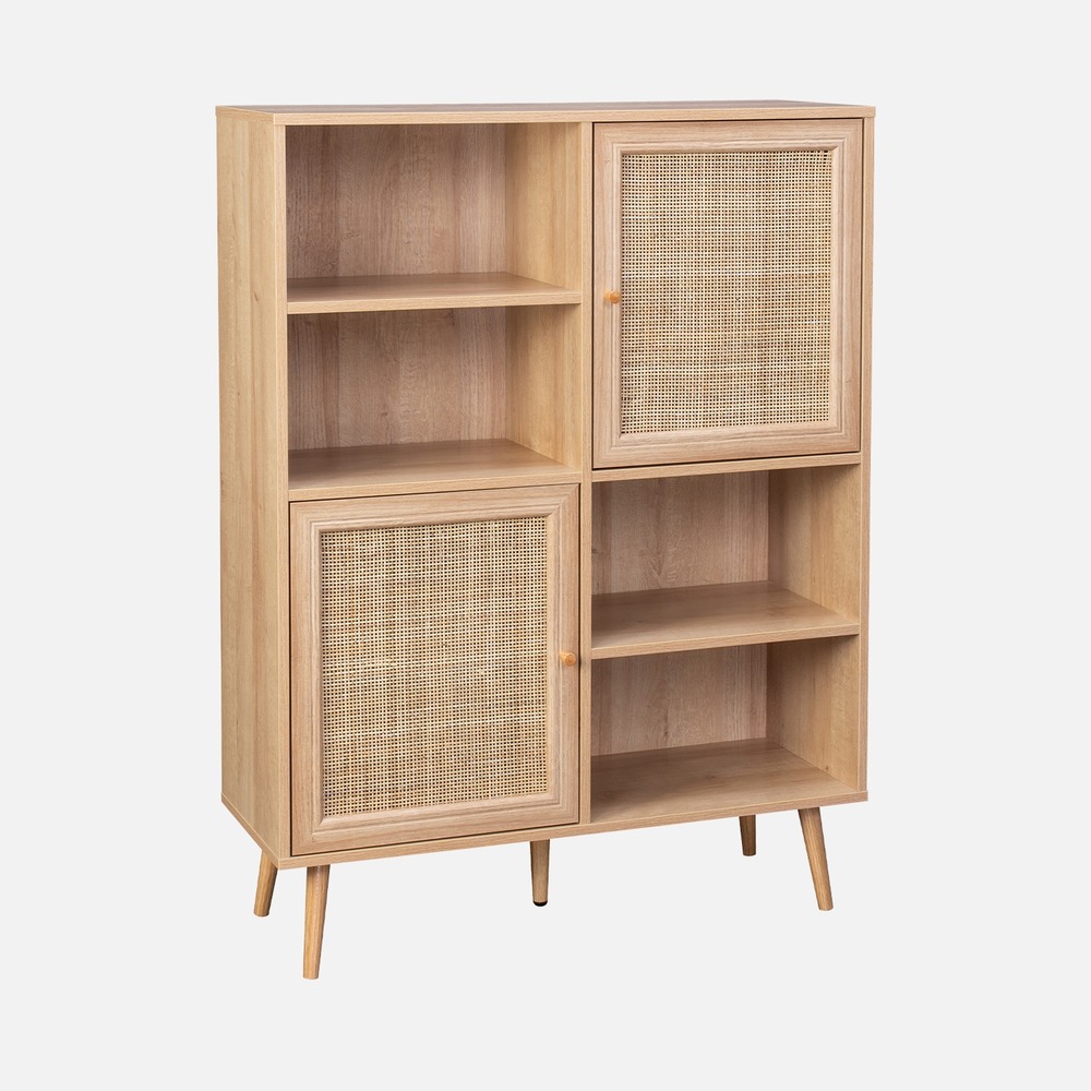 Buffet de rangement cannage et décor bois, buffet haut, vaisselier, 2 portes et 2 étagères style bohème