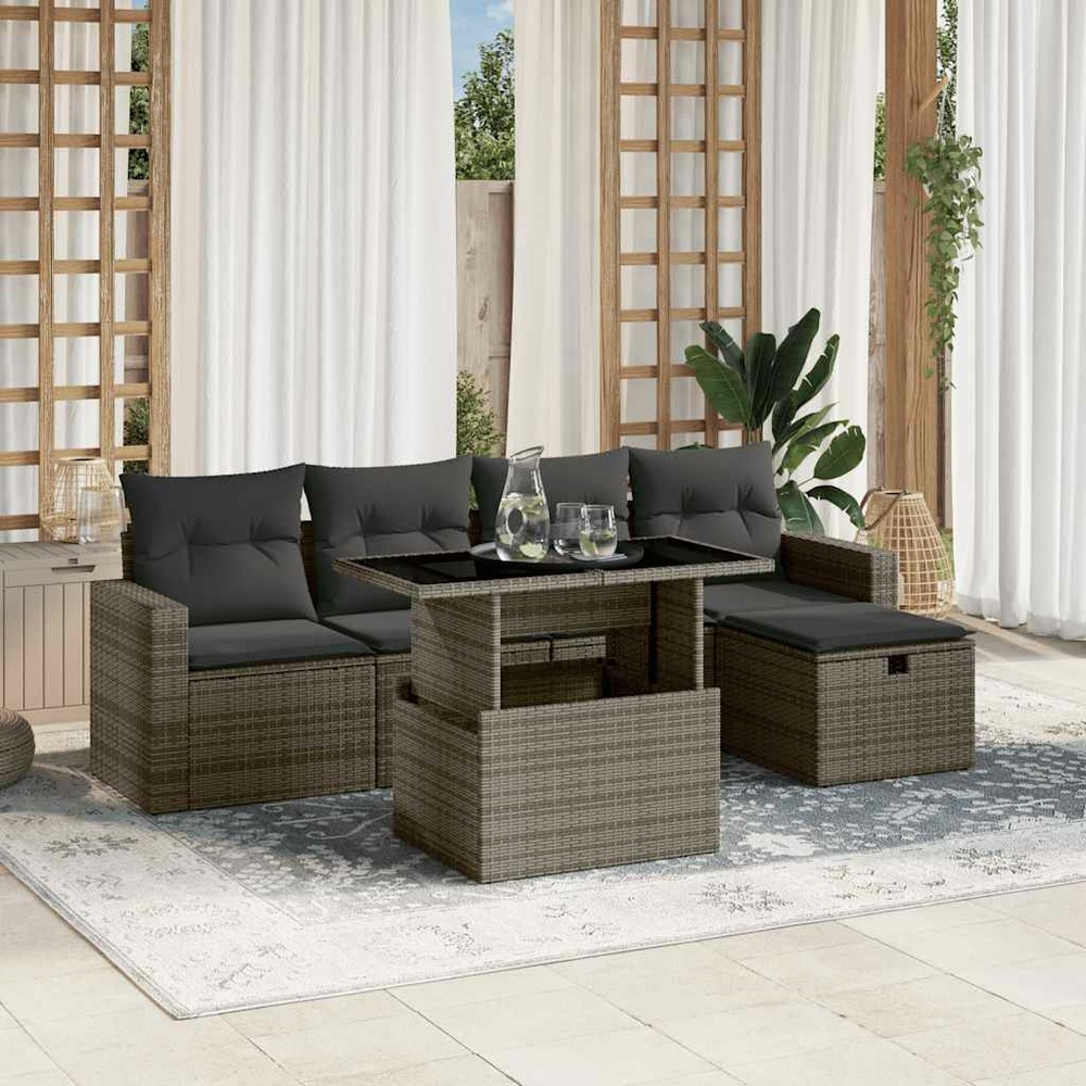 Salon de jardin 6 pcs avec coussins gris résine tressée