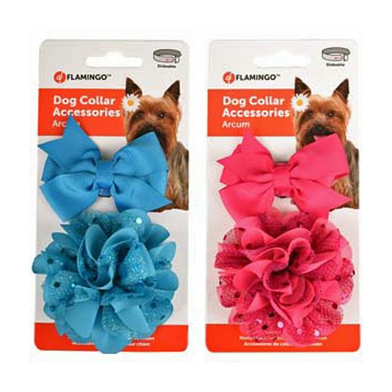 Accessoire pour collier 1 noeud et 1 fleur bleu ou rose pour chien