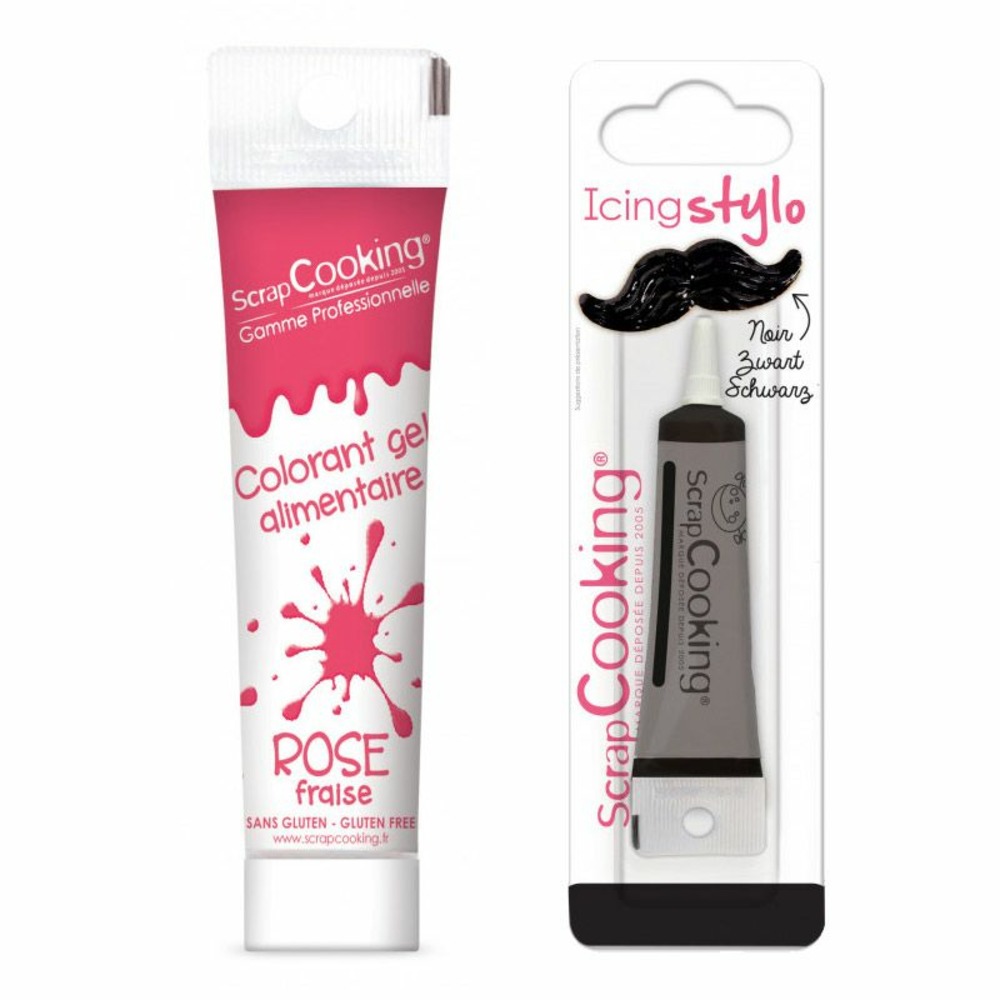 Colorant alimentaire en gel 20 g rose foncé + stylo de glaçage noir