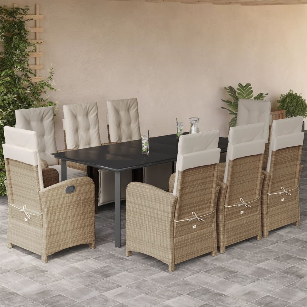 Ensemble à manger de jardin et coussins 9 pcs beige poly rotin