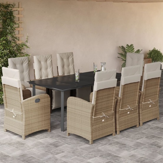 Ensemble à manger de jardin et coussins 9 pcs beige poly rotin