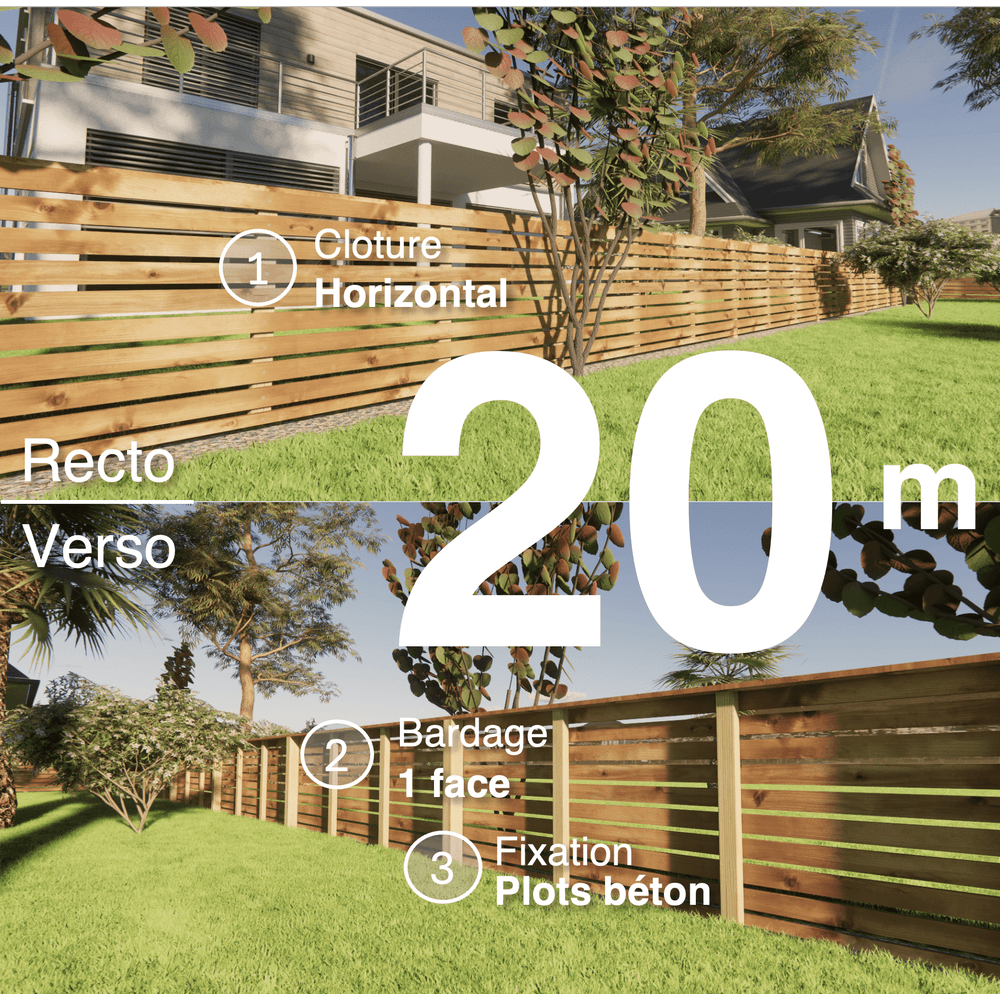 Kit clôture bois moderne 20m – h 0,9m – 20 x 70 mm autoclave marron – pose horizontal – simple face – à sceller