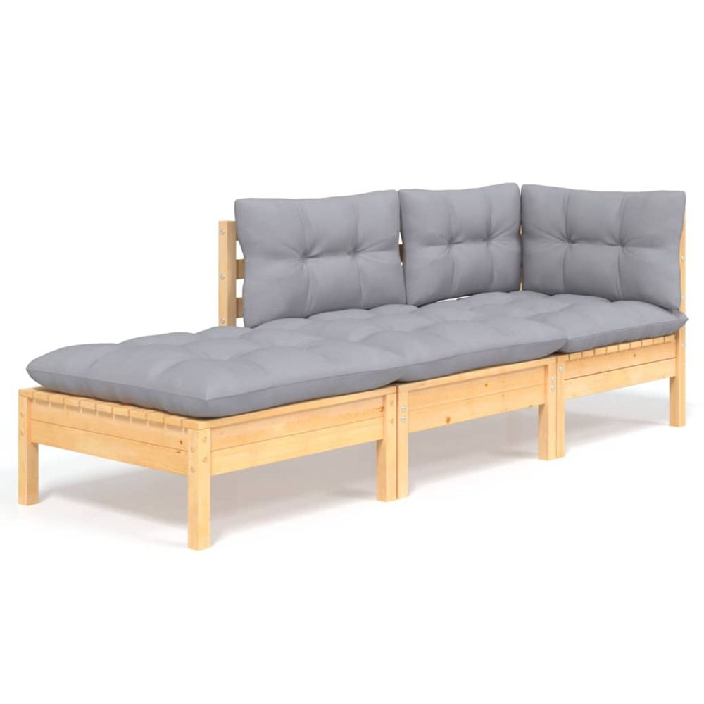Salon de jardin 3 pcs avec coussins gris bois de pin massif