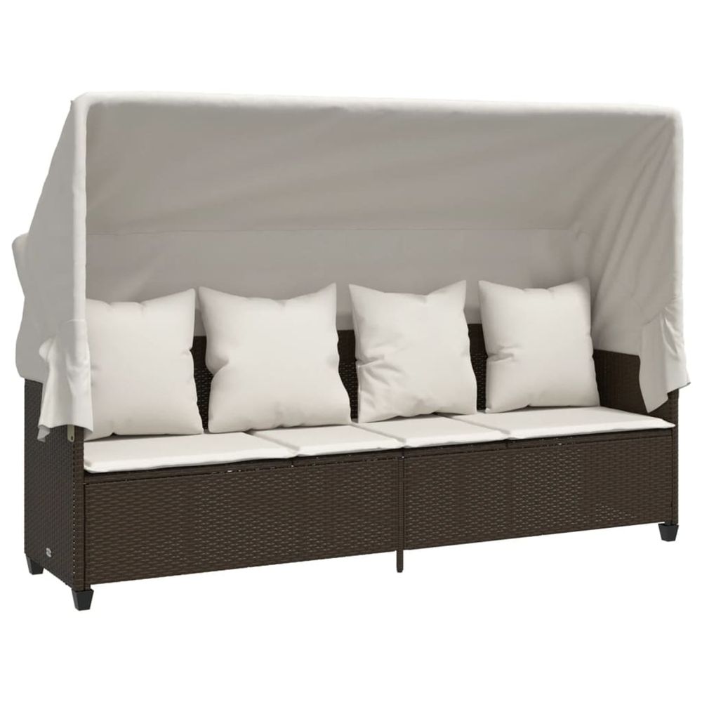 Chaise longue avec auvent et coussins marron résine tressée bain de soleil