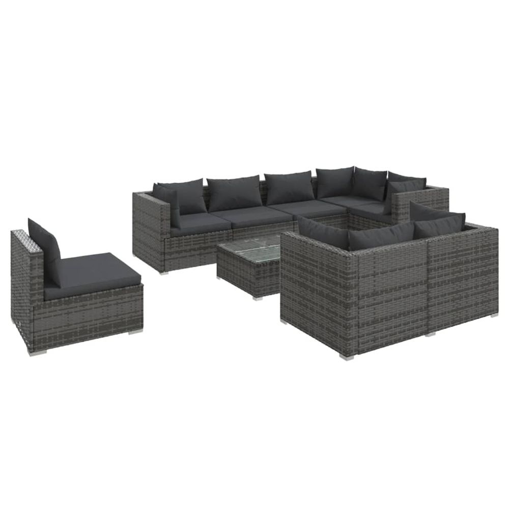 Salon de jardin 9 pcs avec coussins résine tressée gris