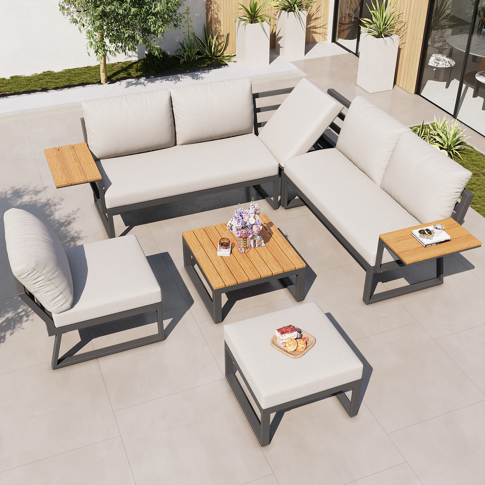 Ensemble de jardin en l, accoudoirs en bois, coin repas en acier, avec table, fauteuil et tabouret en bois, 7 personnes, gris/beige