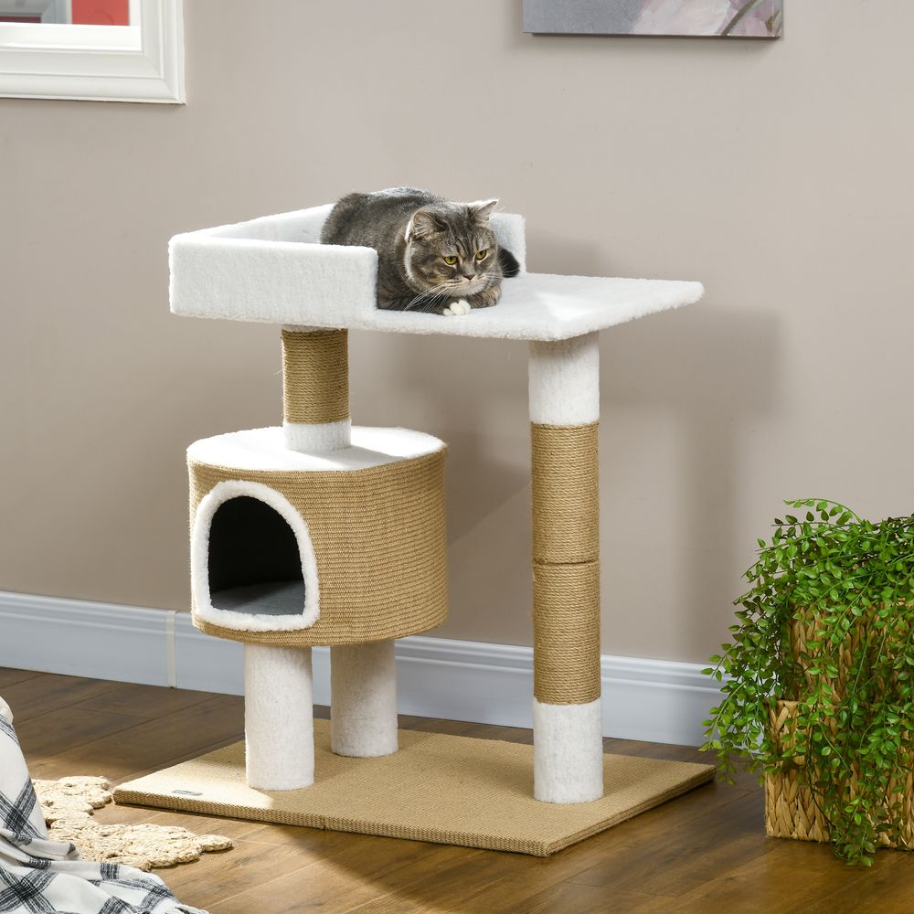 Arbre à chat 79cm jute niche pour chat 8kg griffoir marron blanc - comfortxl pet living