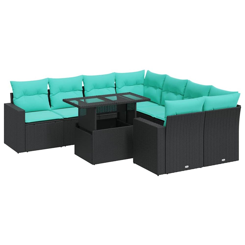 Salon de jardin avec coussins 9 pcs noir résine tressée acacia
