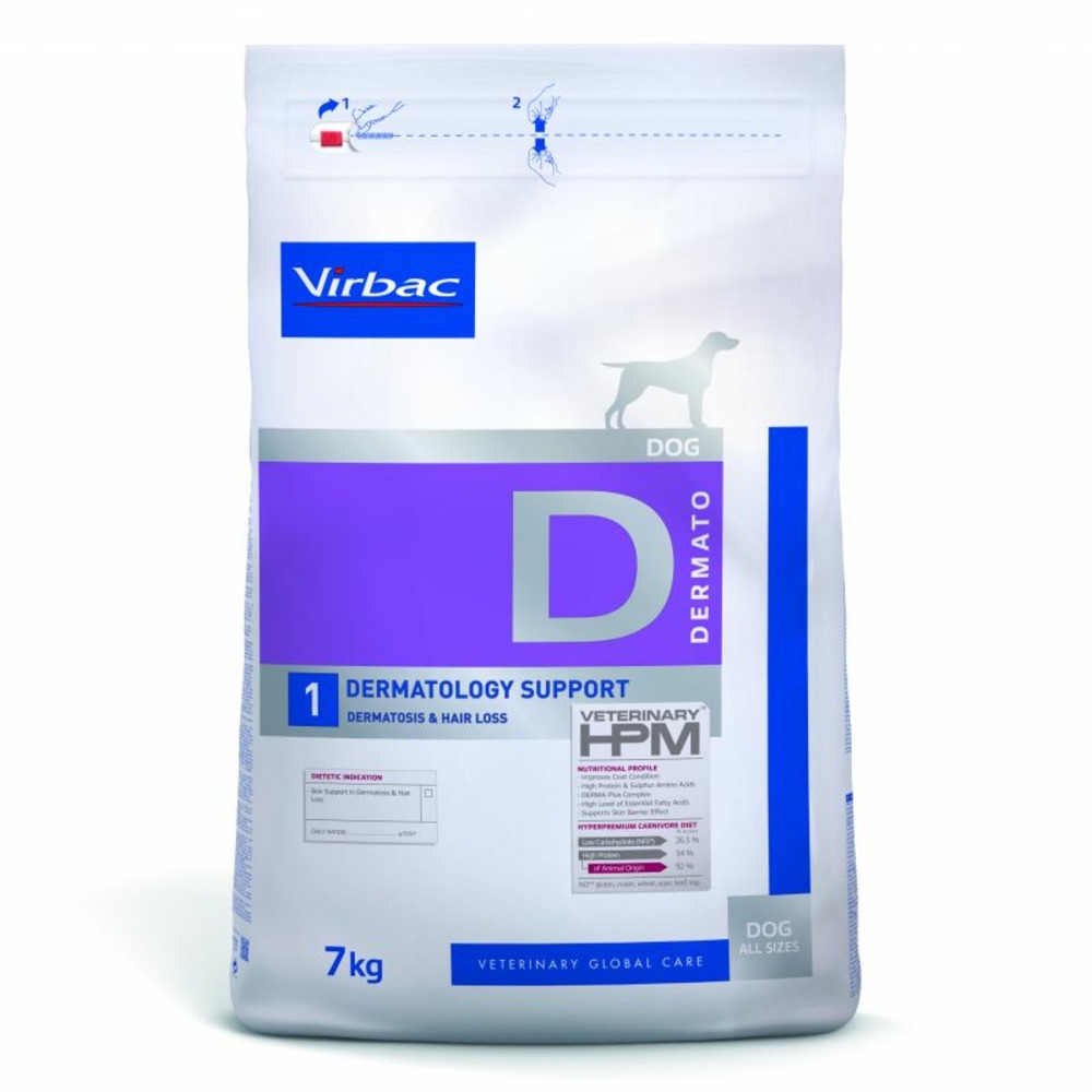 Croquettes chien veterinary hpm dog d1 dermatology support - virbac 12 kg