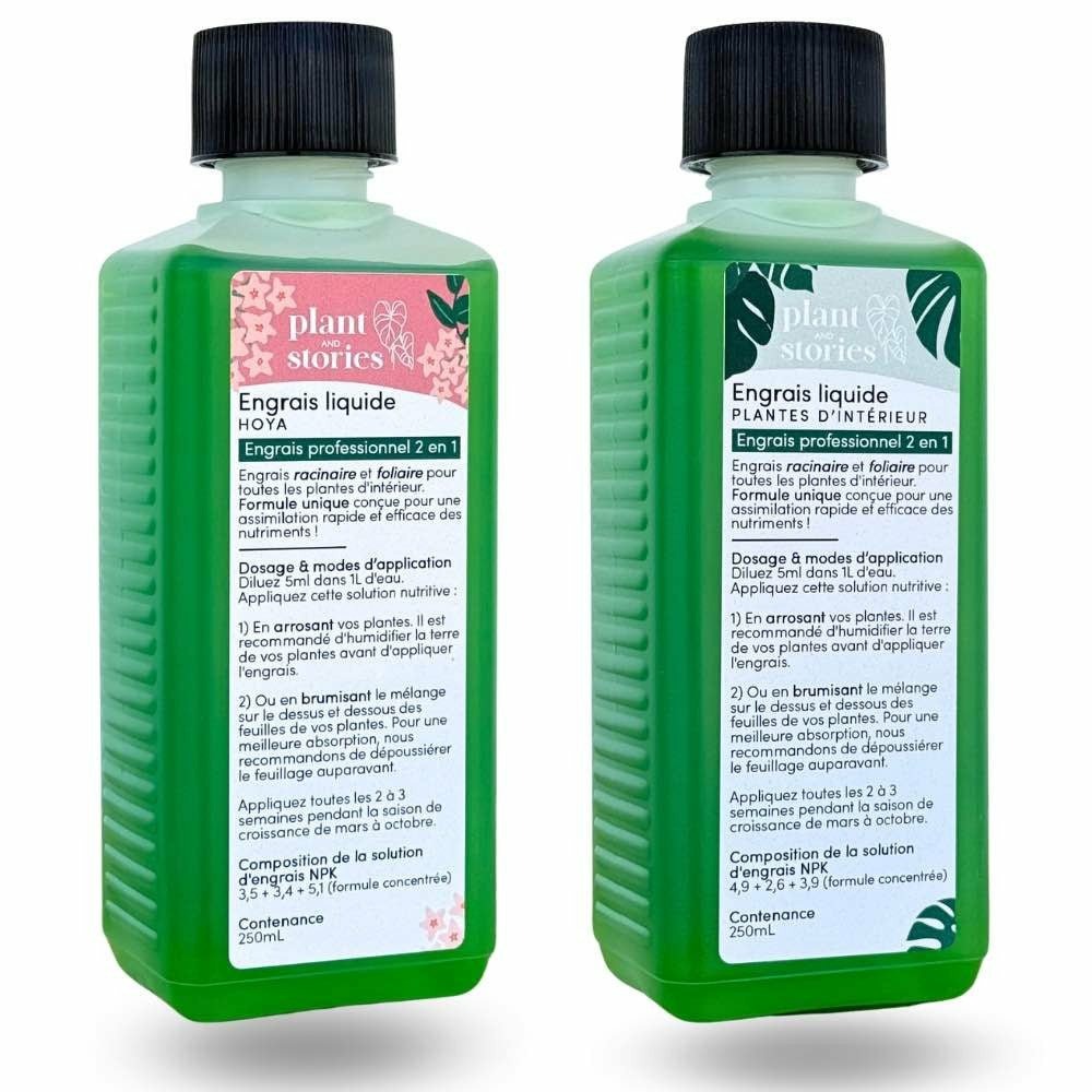 Duo engrais pour toutes les plantes d'intérieur + engrais spécial hoya + 2 pipettes graduées offertes !