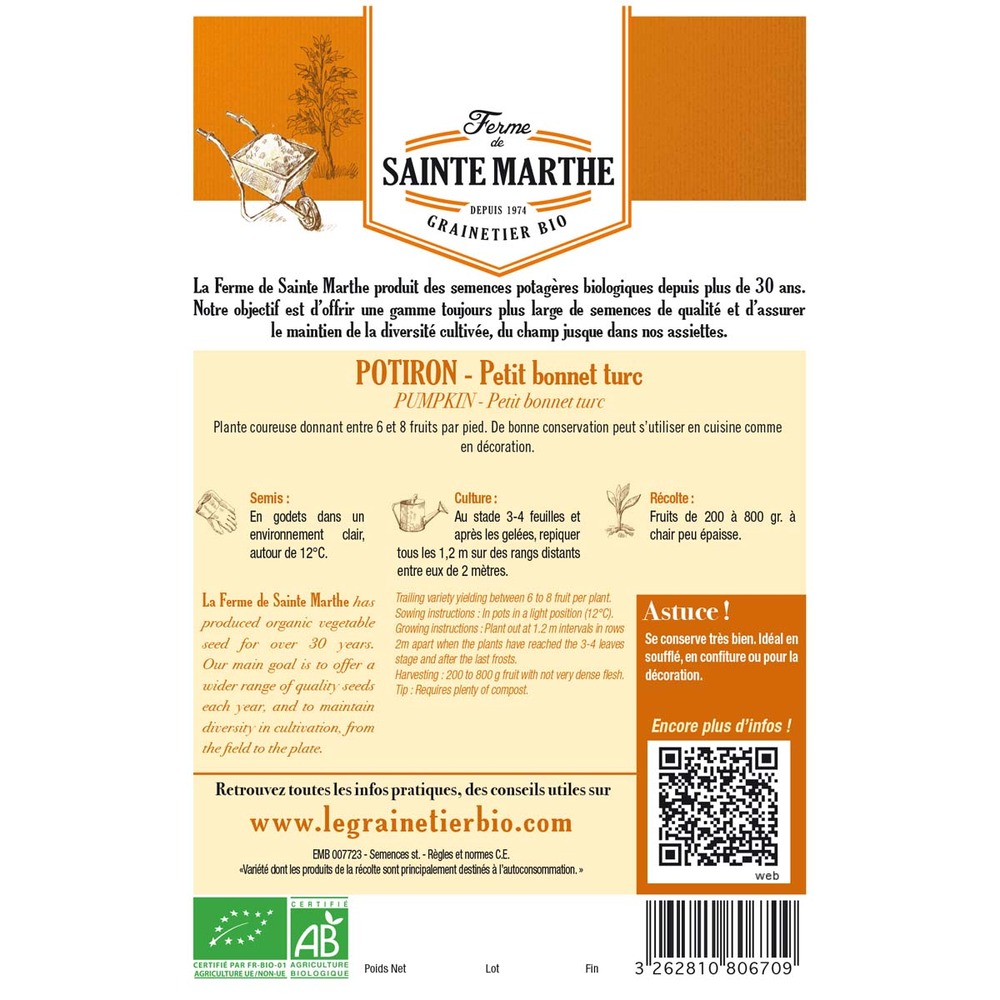 Potiron, giraumon 'petit bonnet turc' le sachet de 8 graines environ (2g)