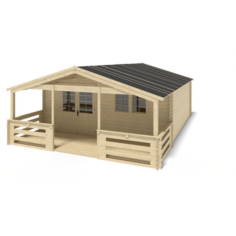 Abri de jardin en bois - 6x6 m - 48 m2 + terrasse avec balustrade et avant-toit en bois
