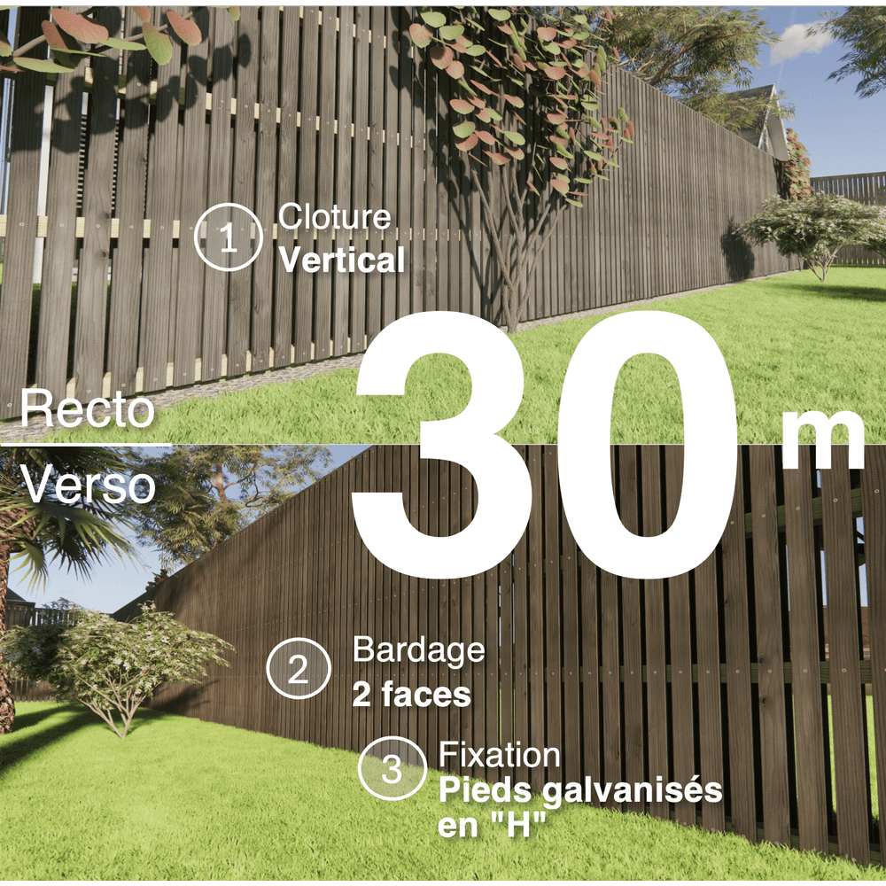 Kit clôture bois moderne 30m – h 2,3m – 20 x 70 mm noir par trempage – pose vertical – double face – support galva