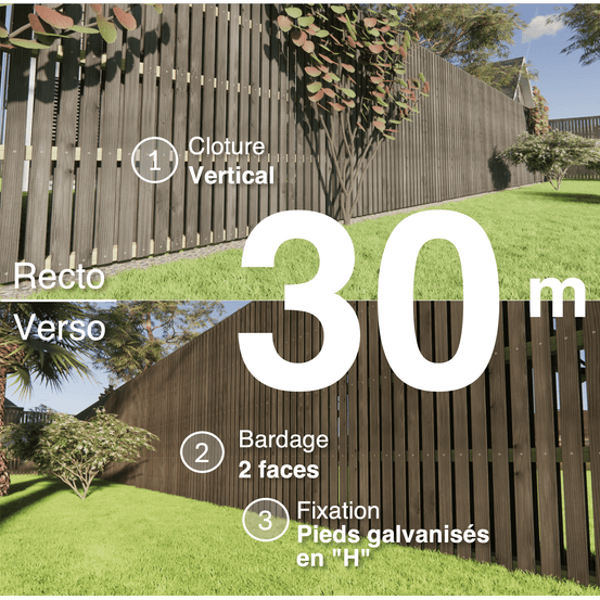 Kit clôture bois moderne 30m – h 2,3m – 20 x 70 mm noir par trempage – pose vertical – double face – support galva