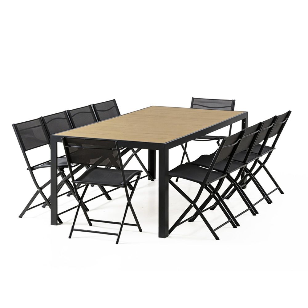 Ensemble table de jardin 200 cm en aluminium et 10 chaises pliantes lagos