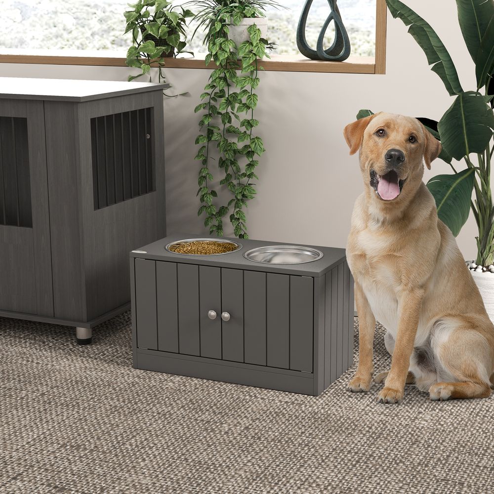 Station repas chien surélevée mdf gris 60 x 30 x 35,5 cm 2 gamelles inox rangement 44 l portes magnétiques