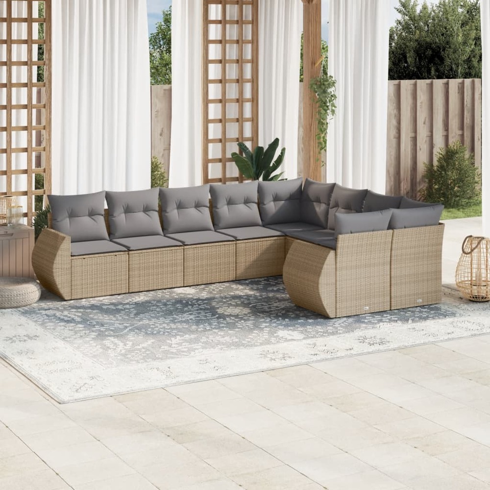 Salon de jardin avec coussins 9 pcs beige résine tressée