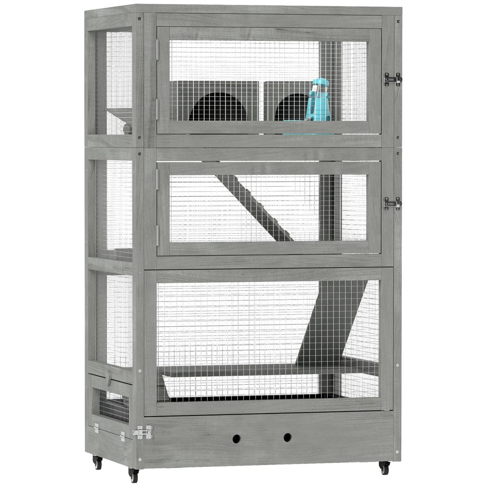 Cage hamster bois sapin 4 niveaux sur roulettes accessoires inclus 109cm gris - comfortxl pet living