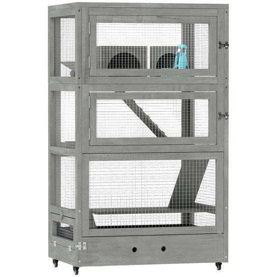 Cage hamster bois sapin 4 niveaux sur roulettes accessoires inclus 109cm gris - comfortxl pet living