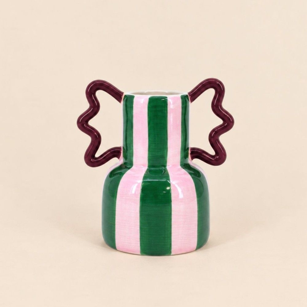 Vase fantaisie rayé vert et rose en céramique, h21cm