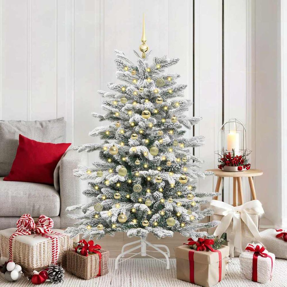Sapin artificiel conique blanc 150 cm, pré-décoré avec led et 61 accessoires