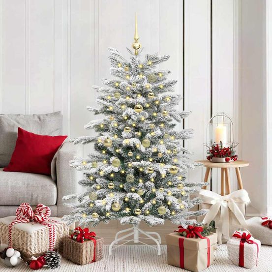 Sapin artificiel conique blanc 150 cm, pré-décoré avec led et 61 accessoires