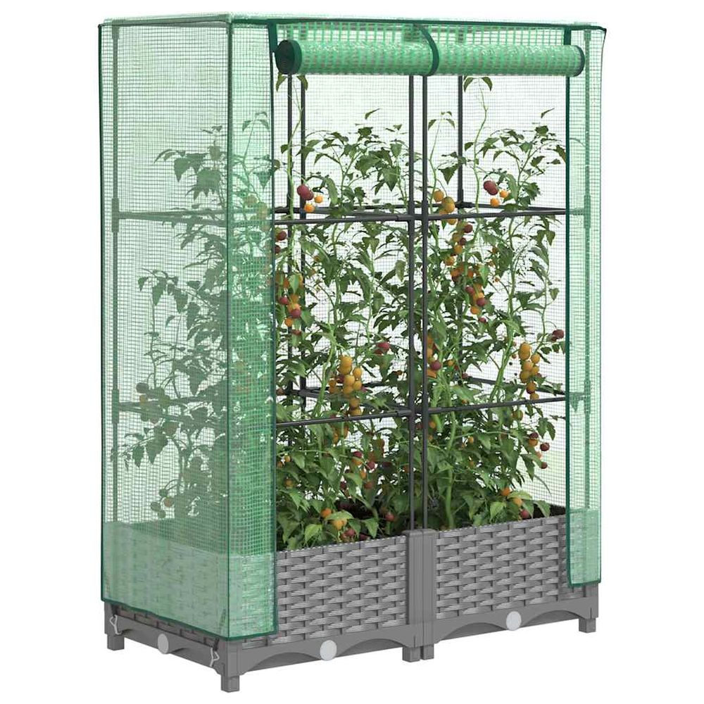 Bac potager sur pieds avec housse de serre, imitation rotin gris clair 80cm