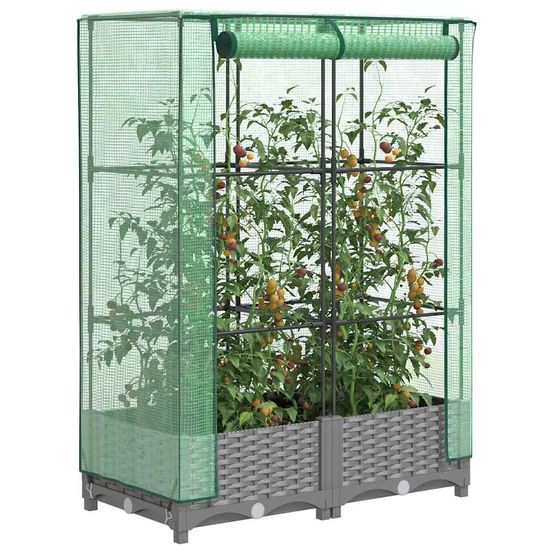 Bac potager sur pieds avec housse de serre, imitation rotin gris clair 80cm