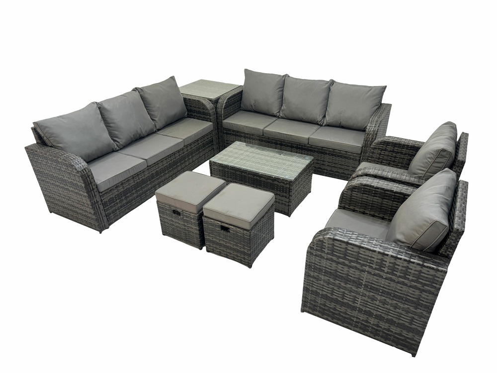 Ensemble de canapés en rotin avec canapé 3 places chaise inclinable table d'appoint 2 petits tabourets gris foncé mixte