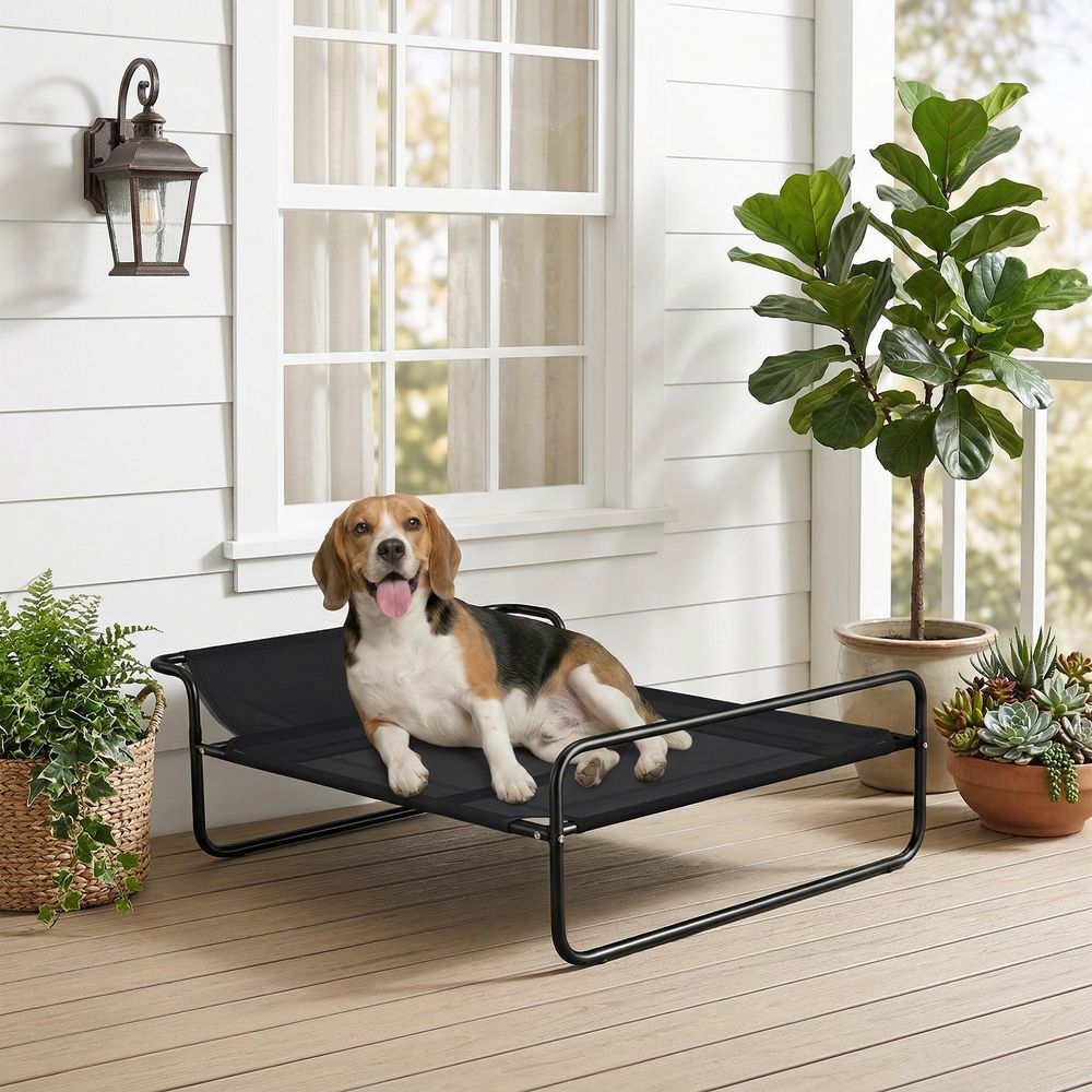 Lit surélevé pour chien acier maille noire 91 x 69 x 29 cm extérieur respirant avec appui-tête réglable