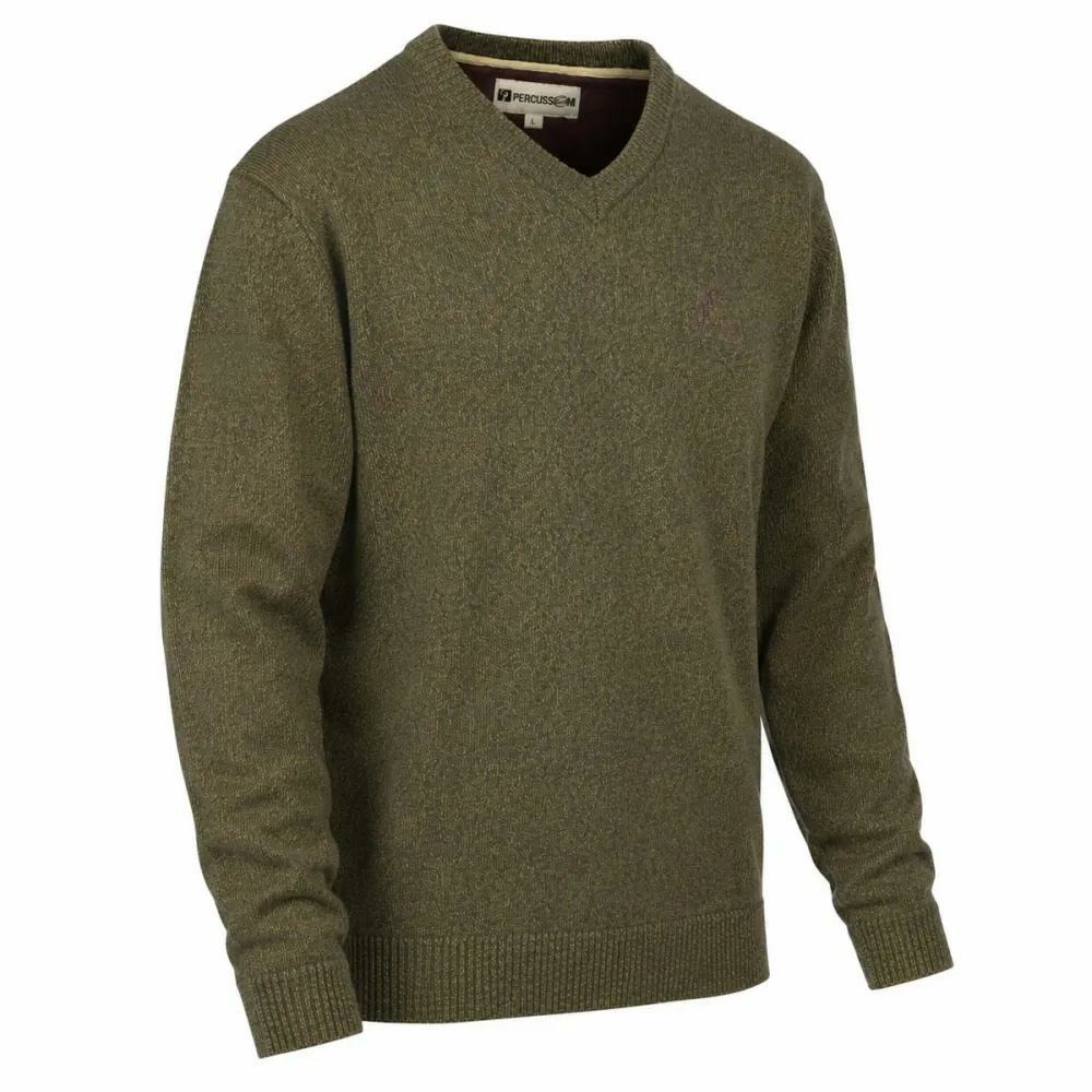 Pull col v kaki 70% acrylique 30% laine - maille douce mixte