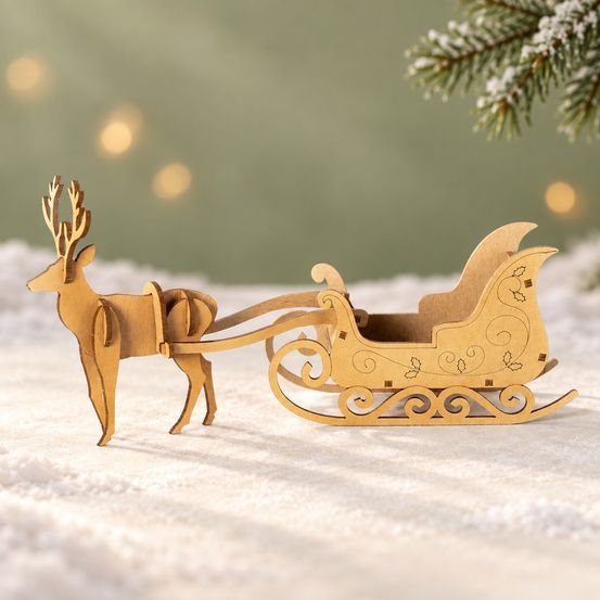 Maquette de traîneau de noël et renne en bois à assembler | pôle nord express