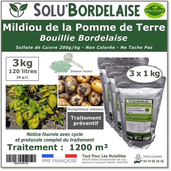 Solu'bordelaise - 3 kg de bouillie bordelaise - mildiou de la pomme de terre - utilisable agriculture biologique - 3 sachets de 1kg