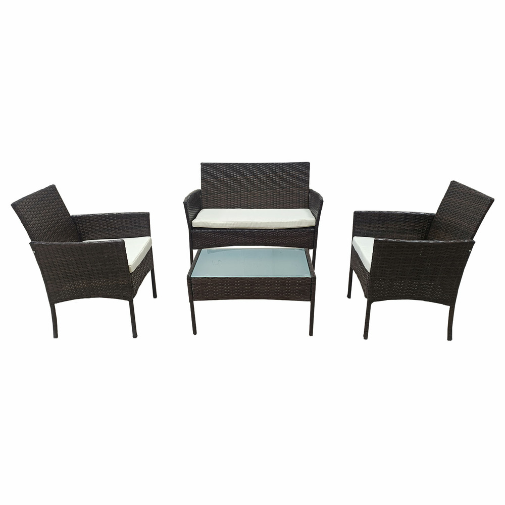 Salon de jardin corfou en résine tressée marron 4 places - coussins beige