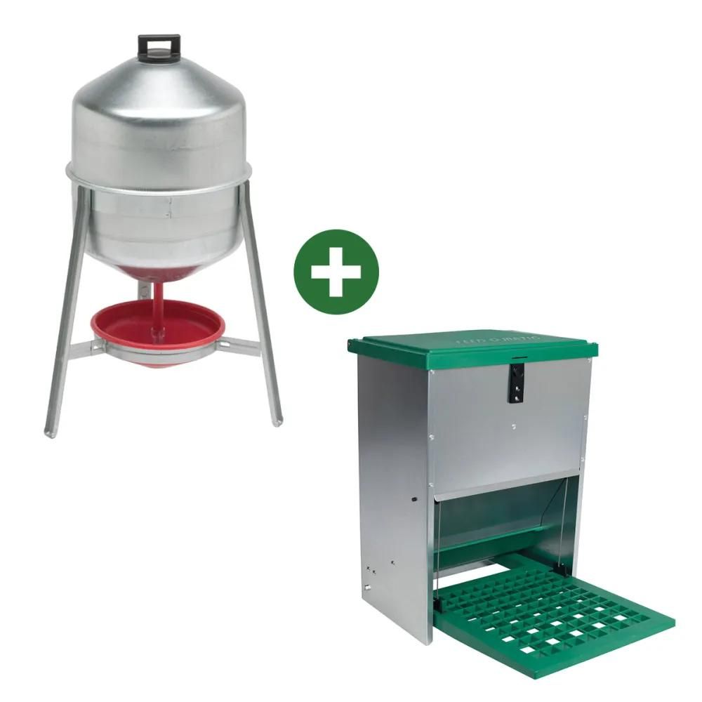 Abreuvoir métal galvanisé 30 l + mangeoire à trémie anti nuisibles feedomatic 20kg