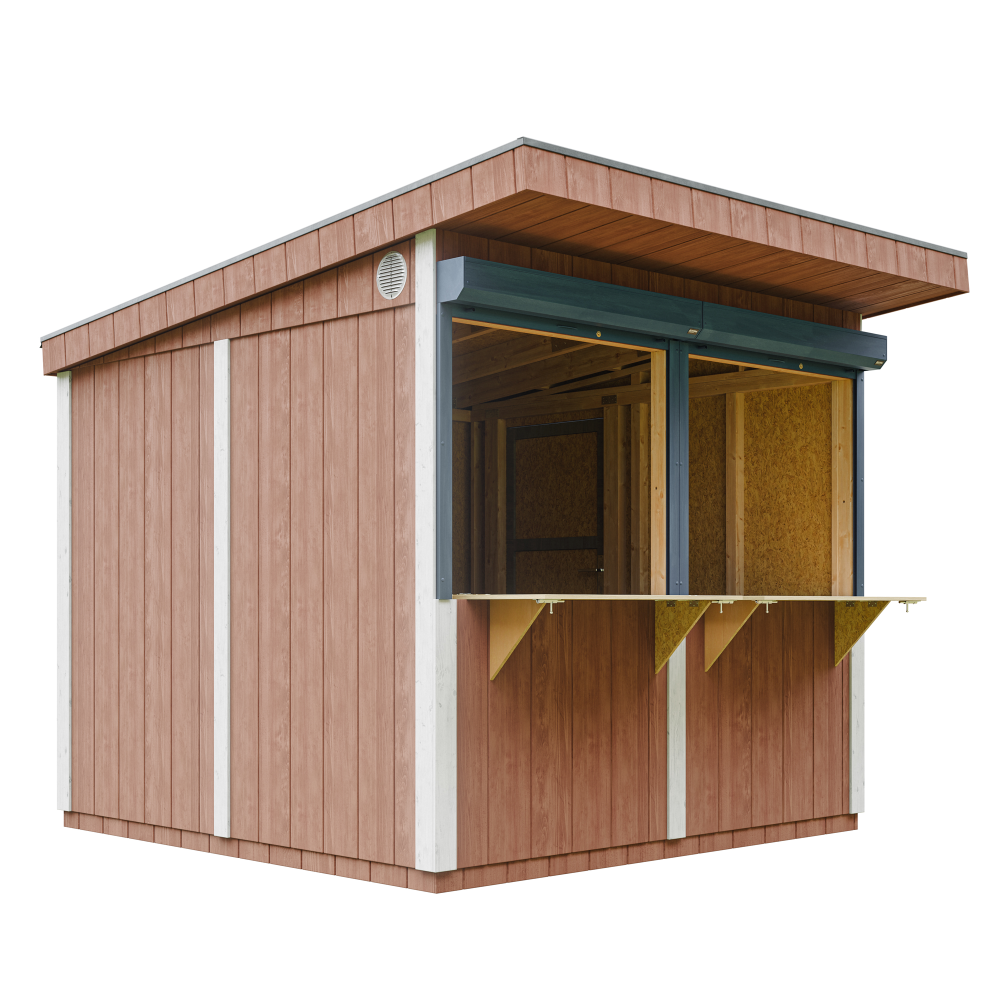 Grand stand marché avec comptoir 5,9 m2 - h240x248x305 cm - construction de panneaux lp smartside - timbela m950-redwood red
