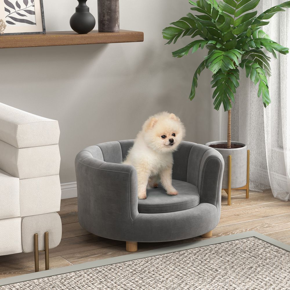 Canapé pour chien et chat polyester 65 x 64 x 37 cm gris sur pieds bois coussin amovible dossier enveloppant