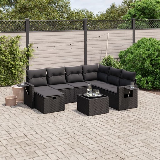 Salon de jardin 8 pcs avec coussins noir résine tressée