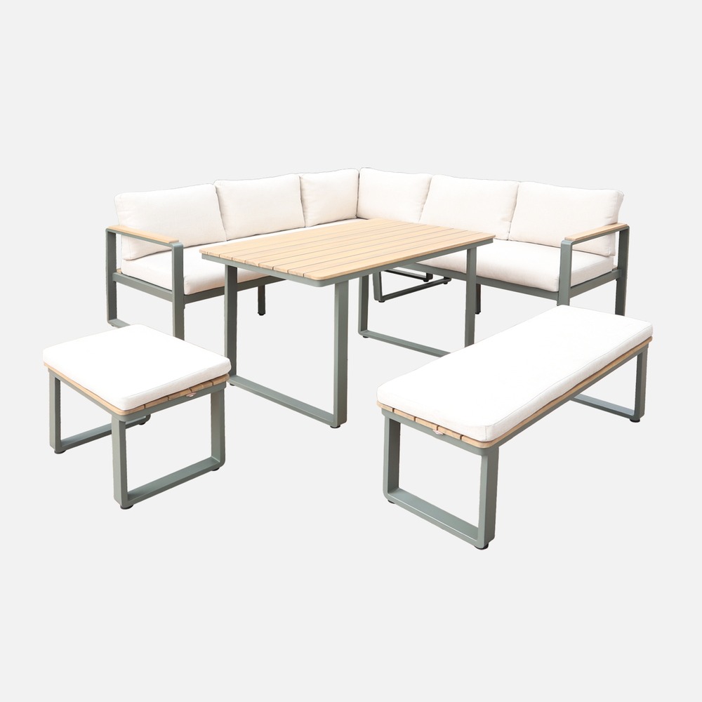 Salon de jardin pampas 8 places en bois d'acacia et aluminium, coussins beiges en polyester, avec table rectangulaire