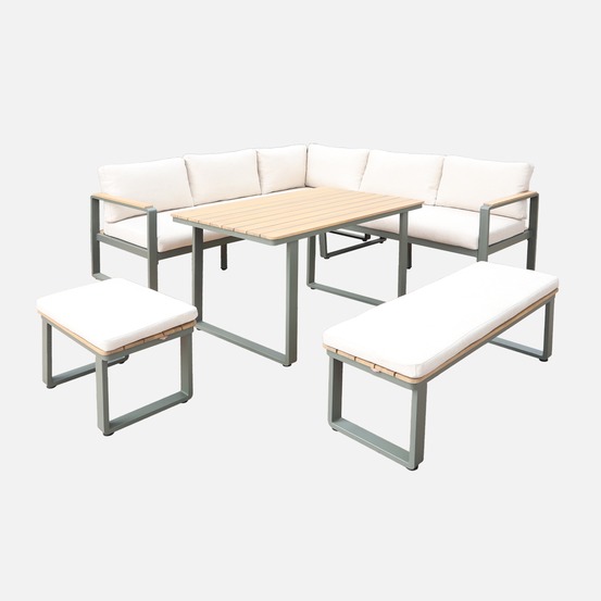 Salon de jardin pampas 8 places en bois d'acacia et aluminium, coussins beiges en polyester, avec table rectangulaire