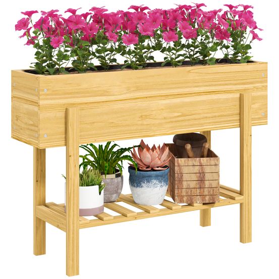 Jardinière sur pieds bois de sapin balcon potager avec étagère et liner naturel