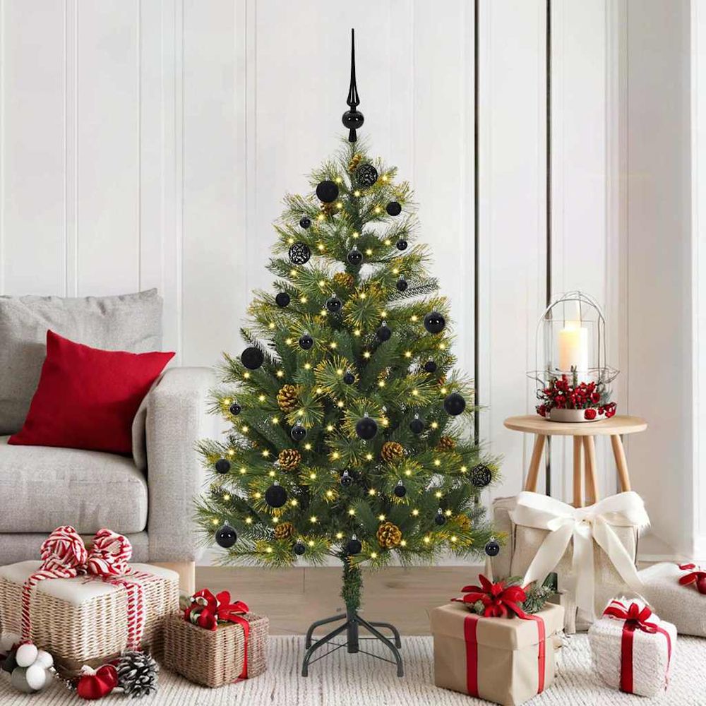 Kit sapin de noël artificiel 150cm avec cônes naturels, 61 boules et guirlande led, montage facile à charnières