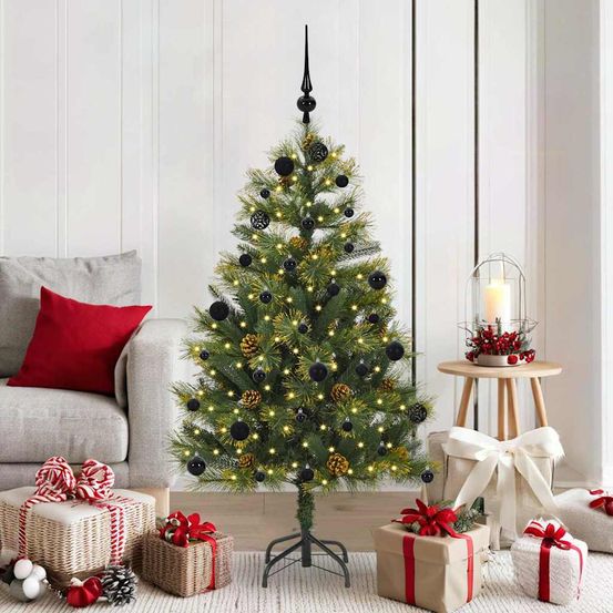 Kit sapin de noël artificiel 150cm avec cônes naturels, 61 boules et guirlande led, montage facile à charnières