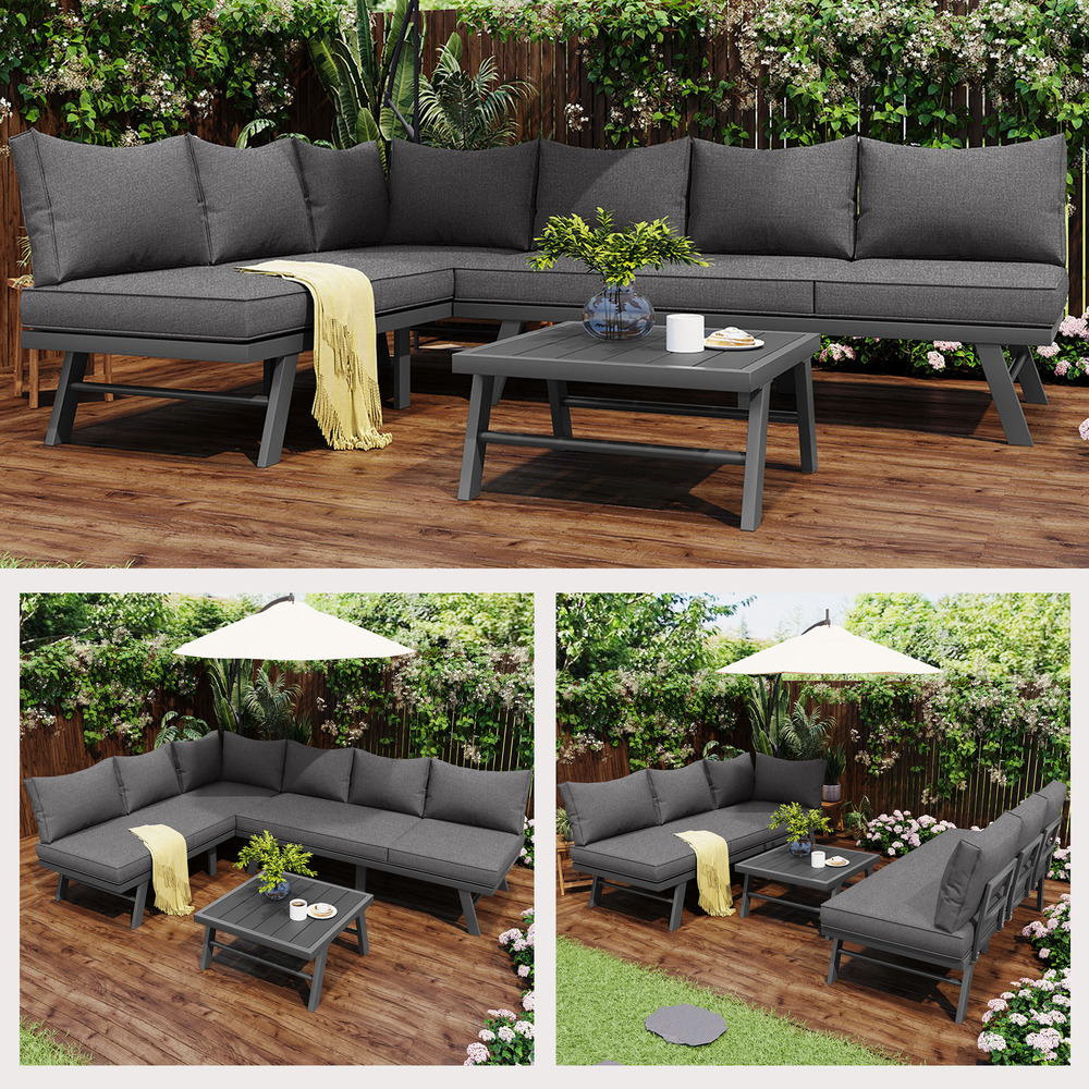 Mobilier jardin 5-6 pers: chaises longues + 2 canapés 3 places + 1 table, 7 coussins, acier gris foncé