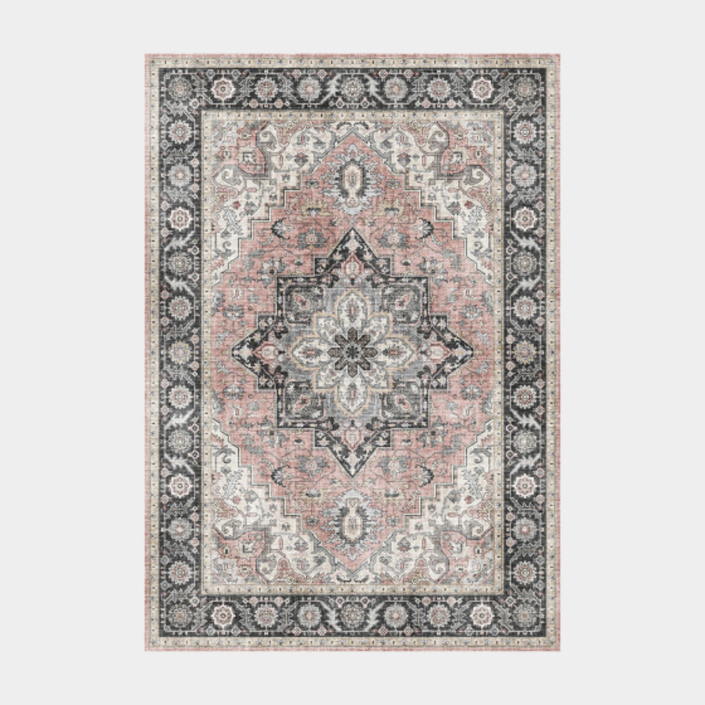 Tapis doux à motif oriental - yasmine - bleu nuit et rose - 200 x 290 cm