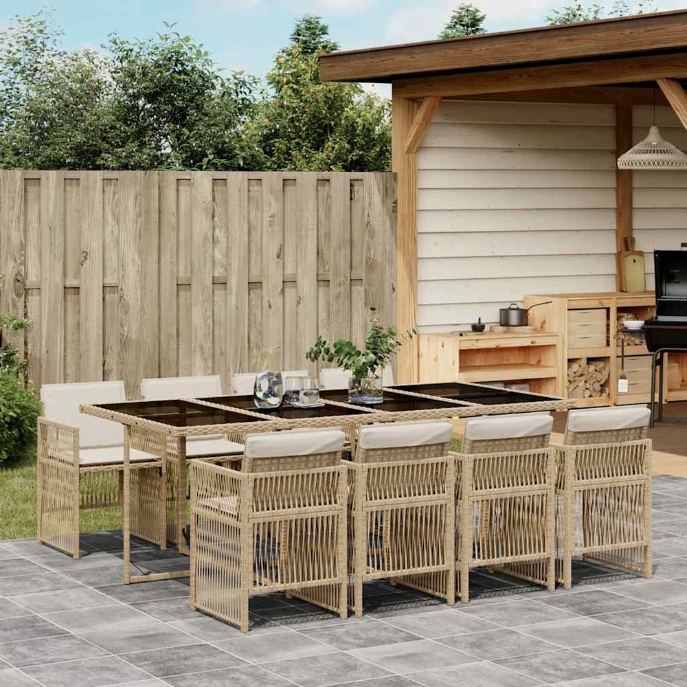 Ensemble à manger de jardin et coussins 9 pcs beige poly rotin