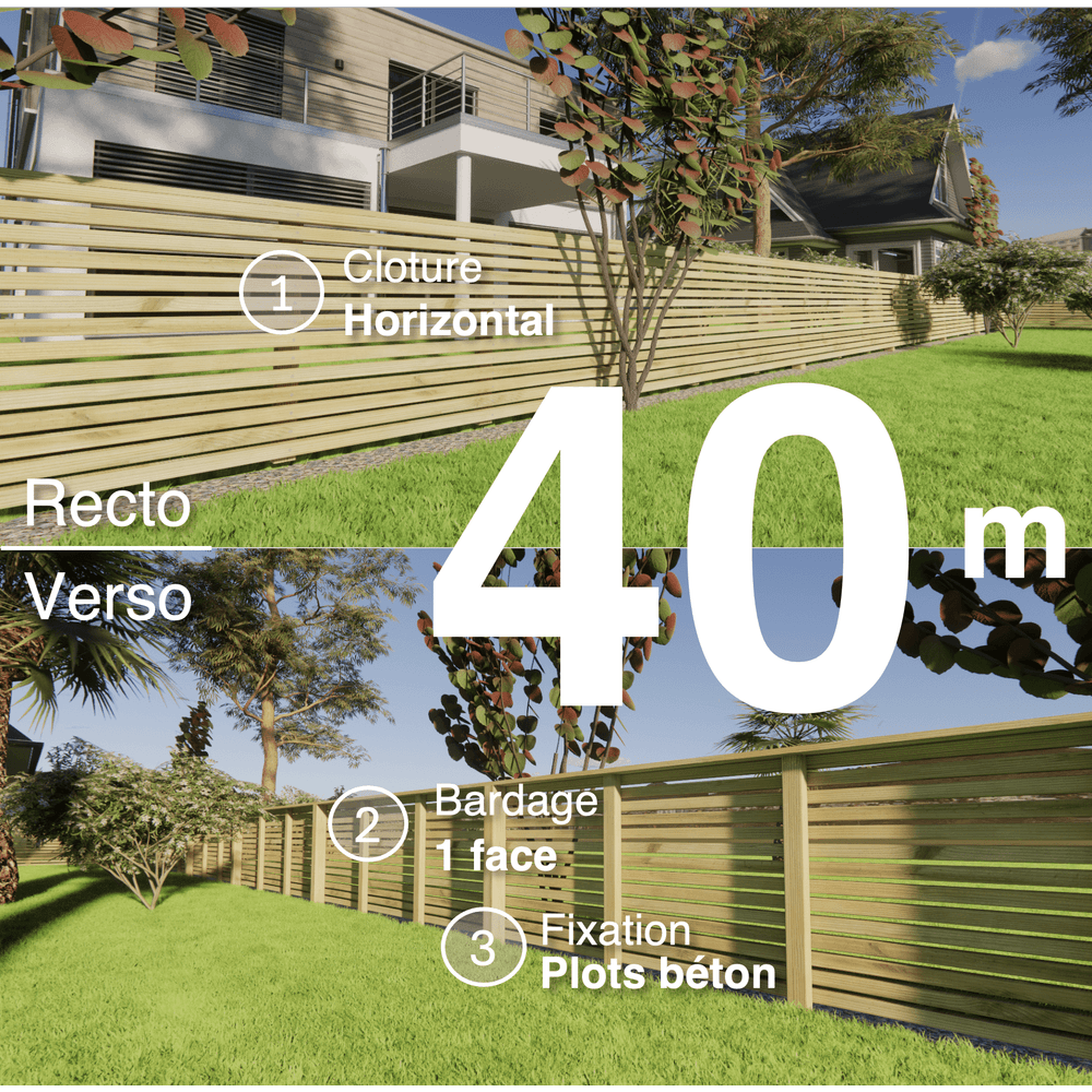 Kit clôture bois moderne 40m – h 0,9m – 45 x 45 mm autoclave – pose horizontal – simple face – à sceller