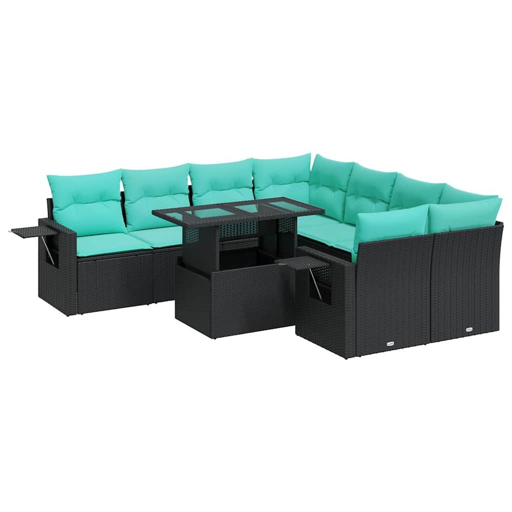 Salon de jardin avec coussins 9pcs noir résine tressée acacia