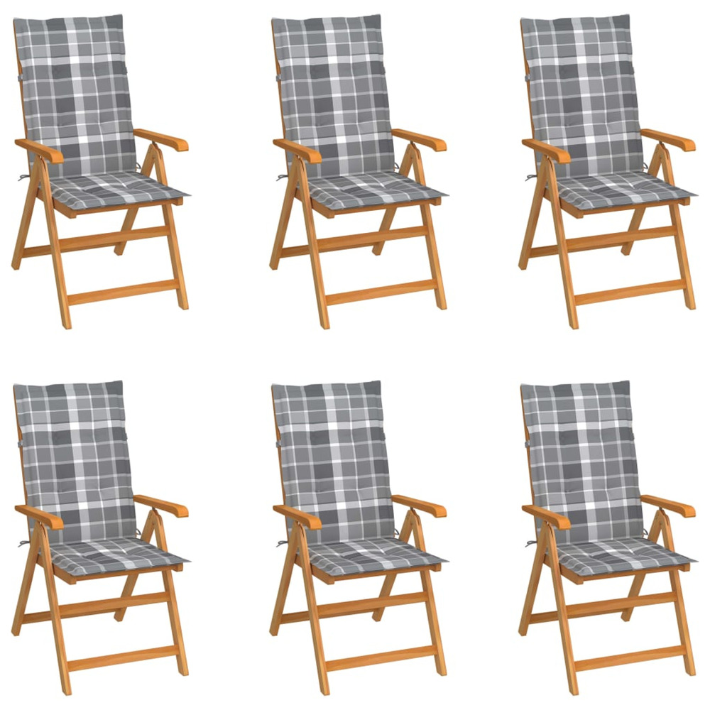 Chaises de jardin lot de 6 et coussins carreaux gris bois teck